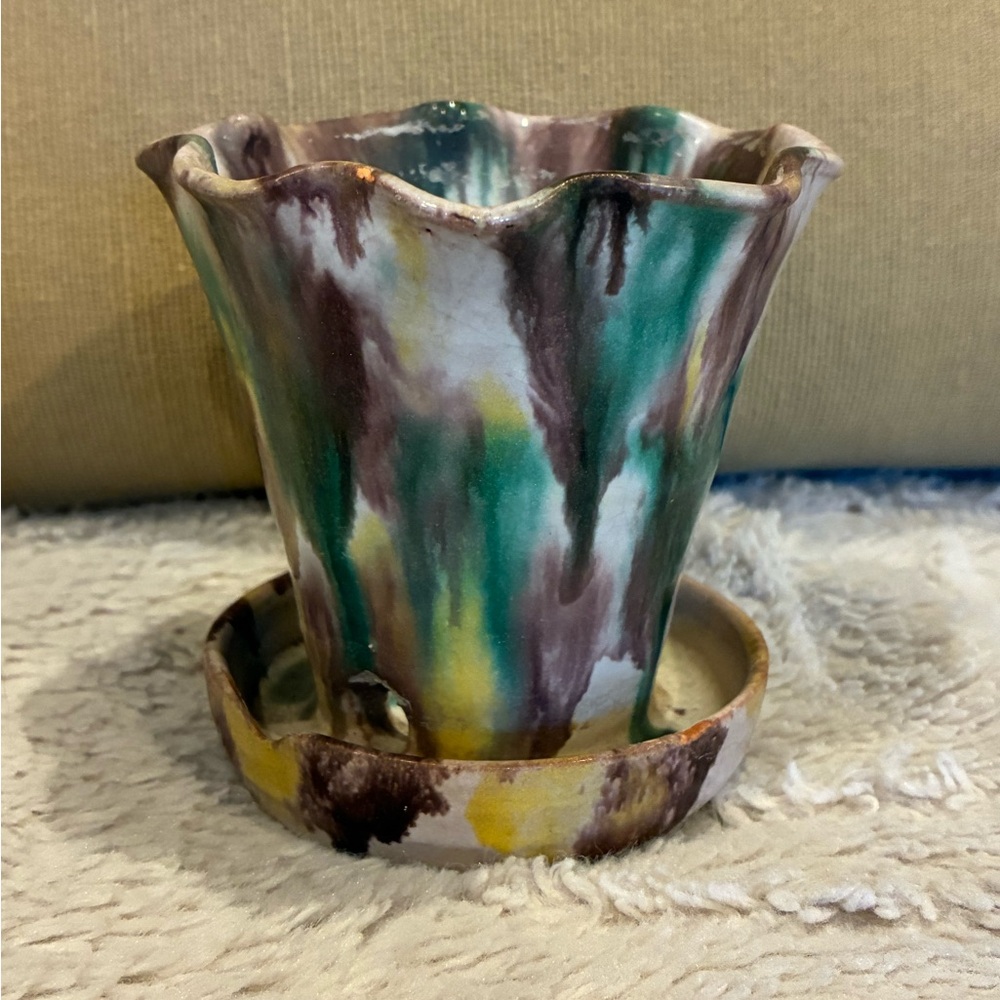 Williamsburg Handmade Pottery Multi Color Drip Glaze Planter with Saucer